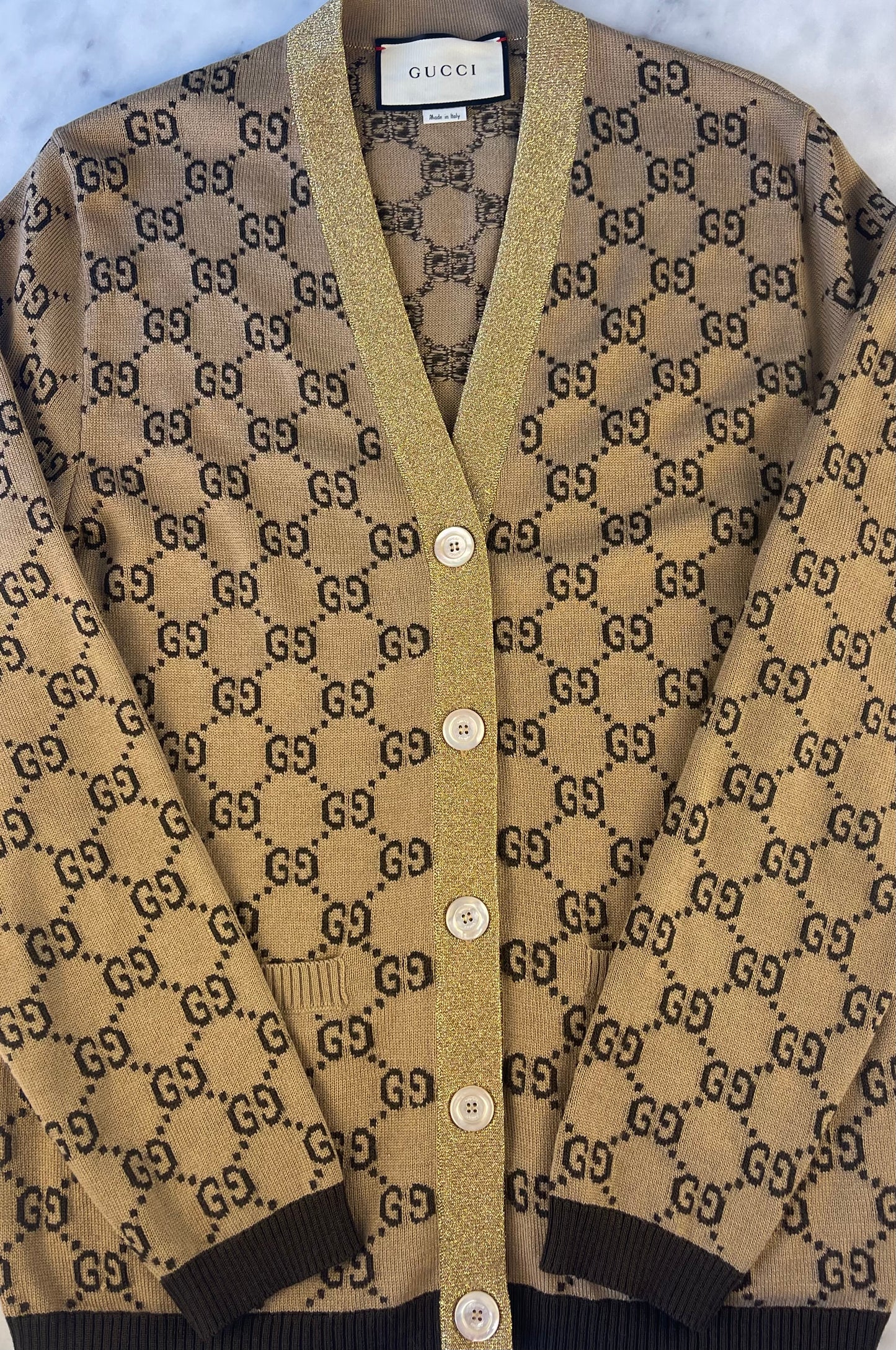 Gucci Beige Monogram Strick-Cardigan mit Lurex und Knopfleiste