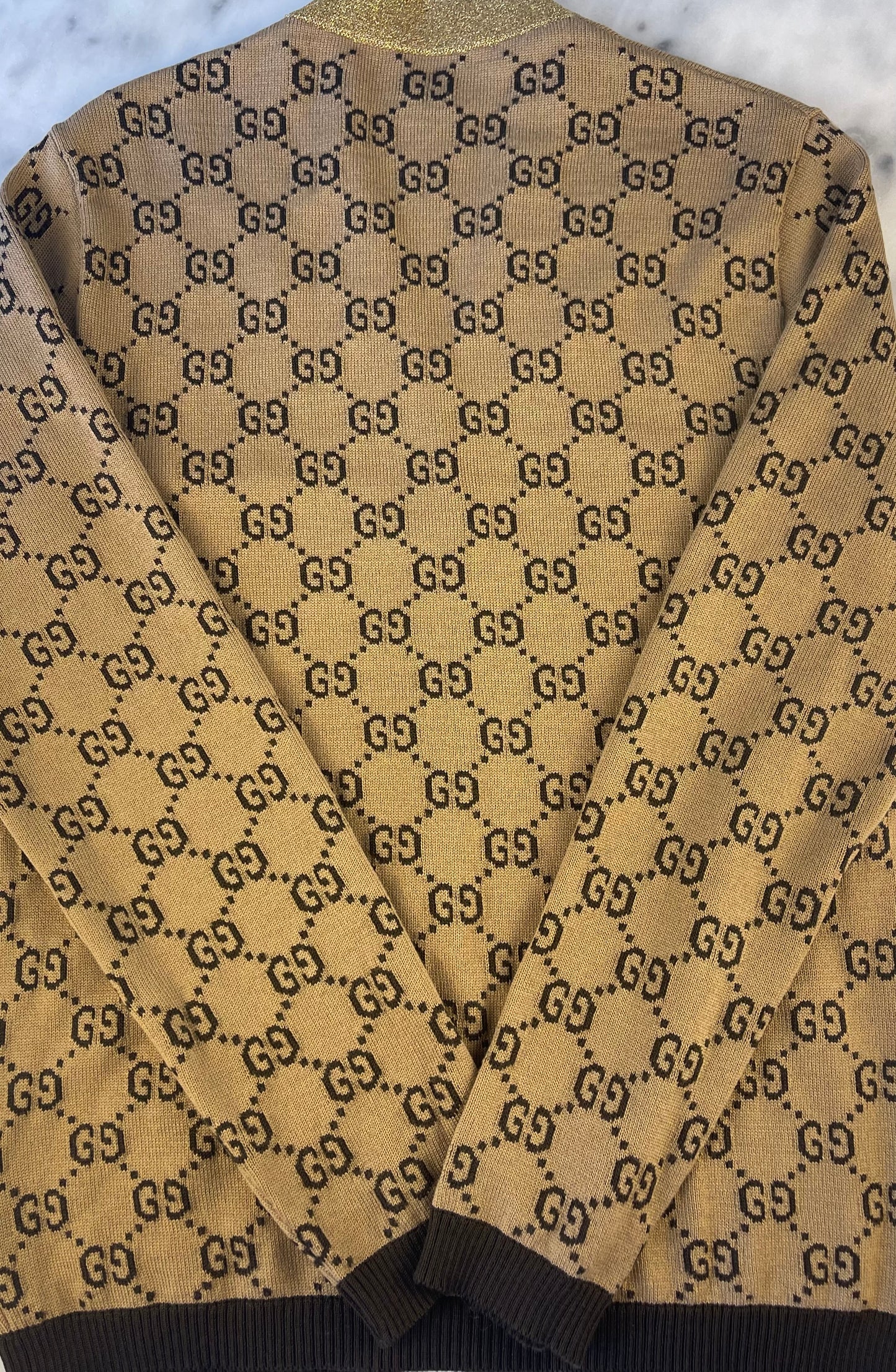 Gucci Beige Monogram Strick-Cardigan mit Lurex und Knopfleiste