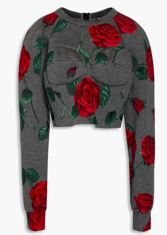DOLCE & GABBANA – Sweatshirt aus beflocktem Neopren mit floralem Print in Grau