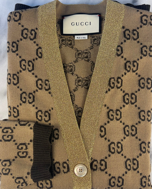 Gucci Beige Monogram Strick-Cardigan mit Lurex und Knopfleiste