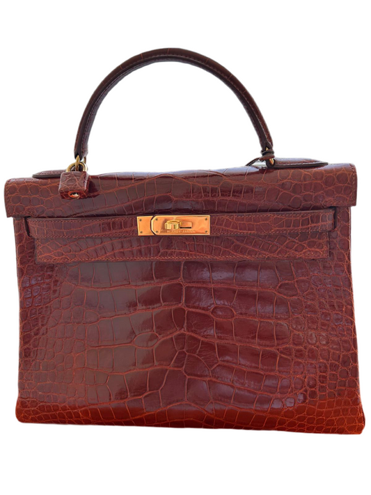 Hermès Kelly 32 – Krokodilleder Cognac mit Gold-Hardware